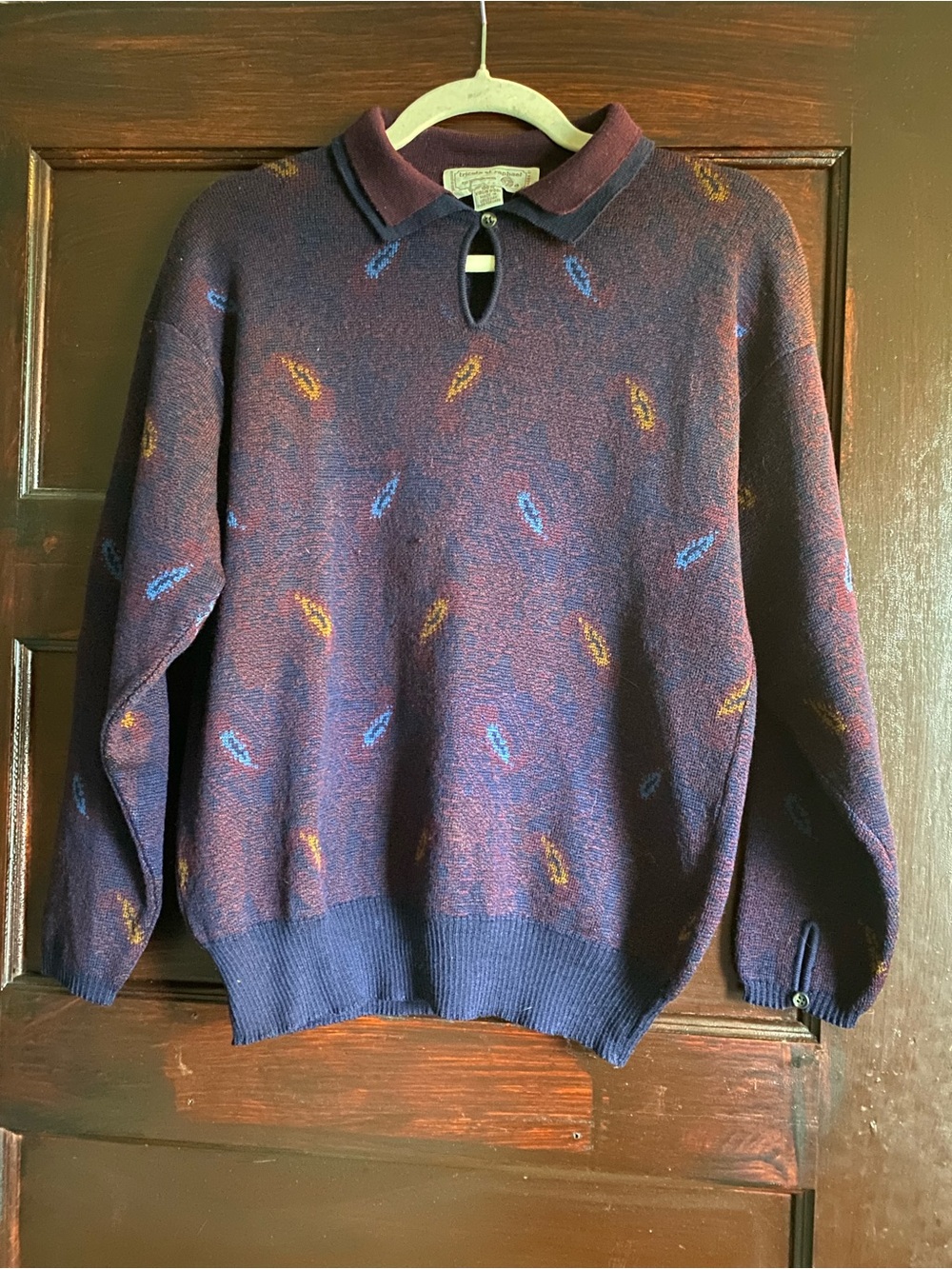 100% Wool Two-Tone Knit Sweater w/ Double Collar & Button Sleeves